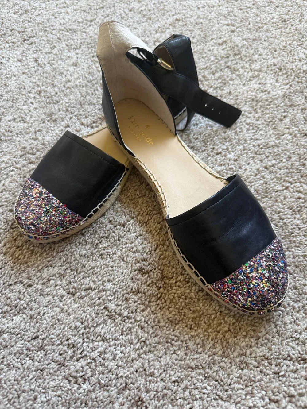 kate spade Black Espadrille Flats with Multicolor Glitter Toe Caps